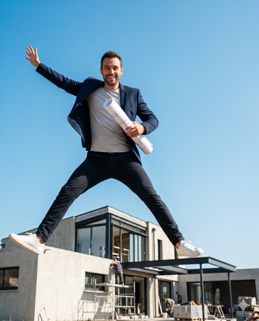 Constructeur souriant sautant de joie devant une maison neuve qu'il vient de livrer