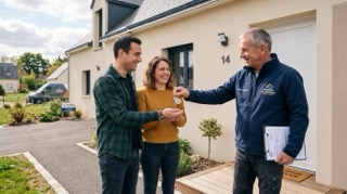 Constructeur de maison individuelle remettant les clés à un couple devant leur maison neuve
