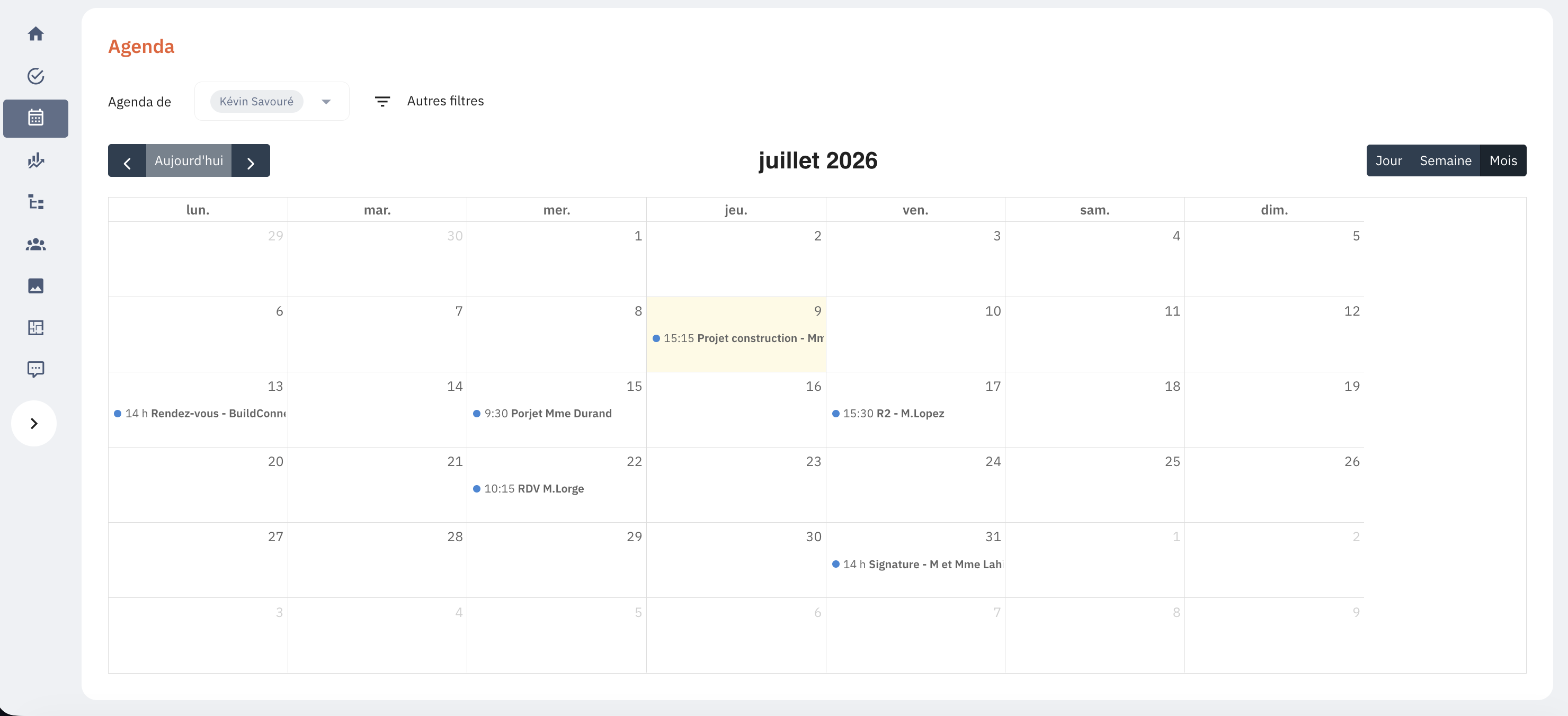 Agenda Elizz : vue mensuelle des rendez-vous, synchronisée avec la messagerie