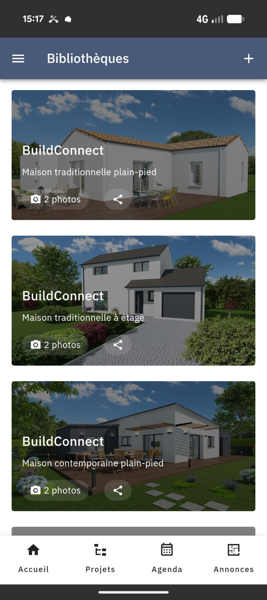 Bibliothèques Elizz sur mobile : modèles de maisons (plain-pied, à étage, contemporaine) avec photos et partage
