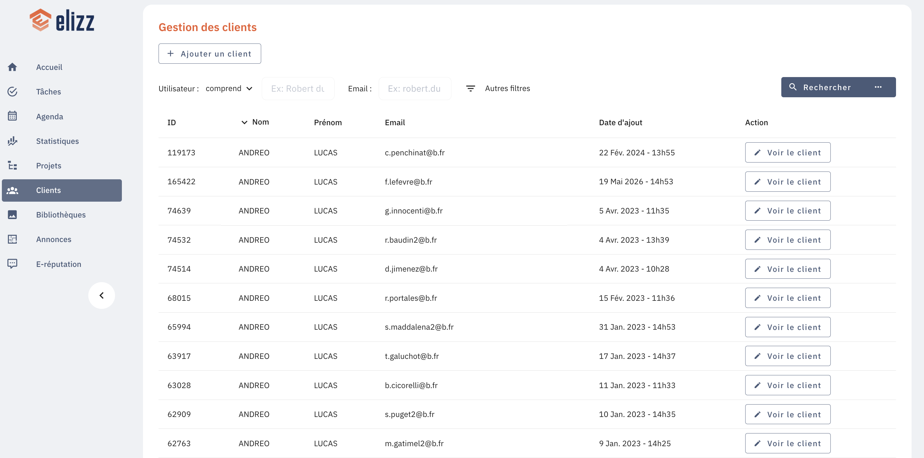 Gestion des clients dans Elizz : base de contacts avec recherche et historique