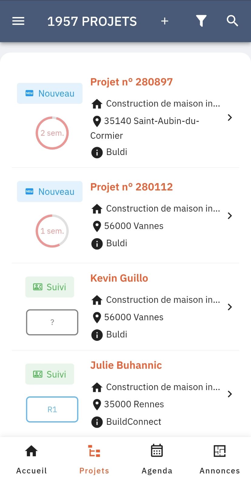 Application mobile BuildConnect : nouveaux projets reçus avec statut, localisation et provenance Buldi