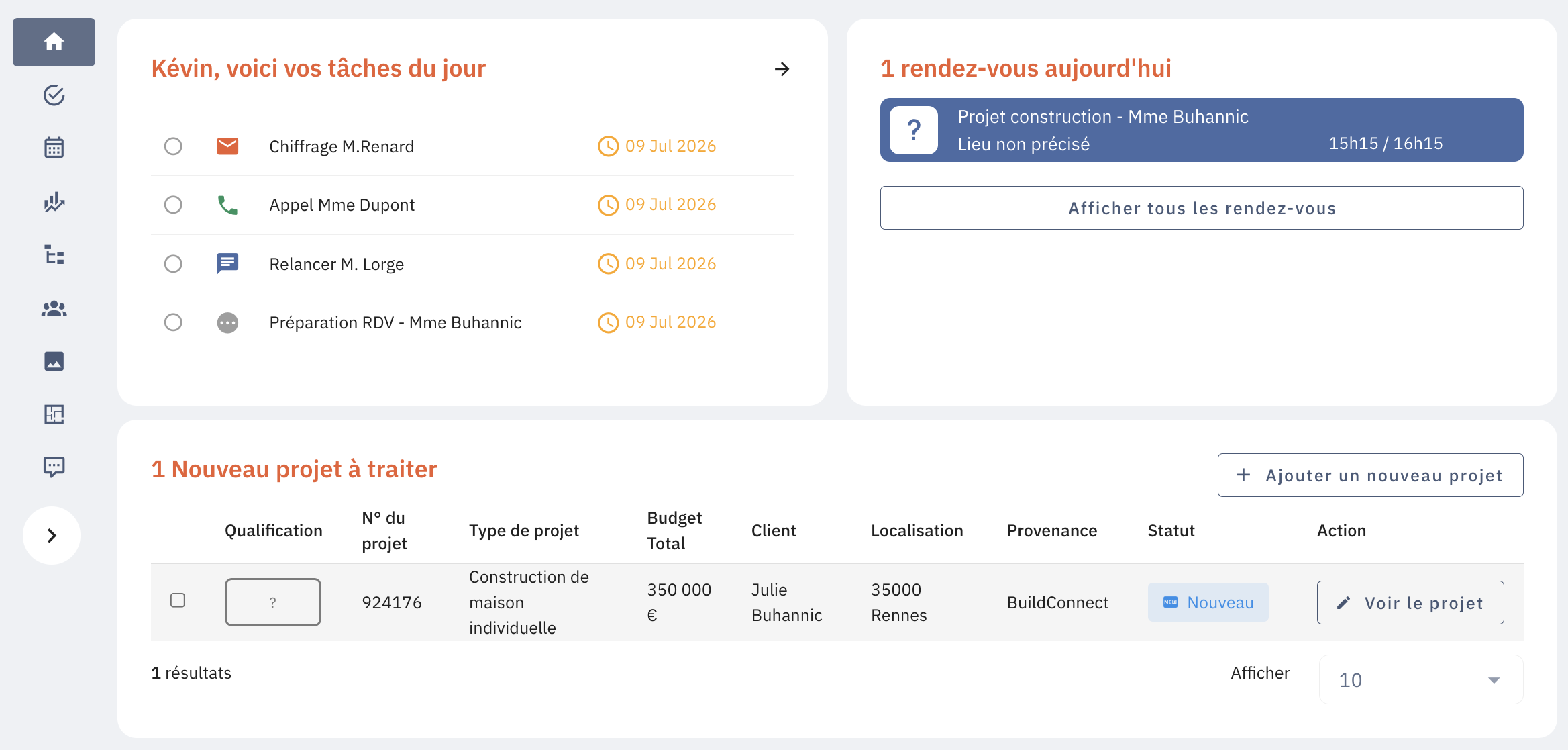 Le logiciel Elizz : tableau de bord commercial avec tâches du jour, rendez-vous et nouveaux projets qualifiés